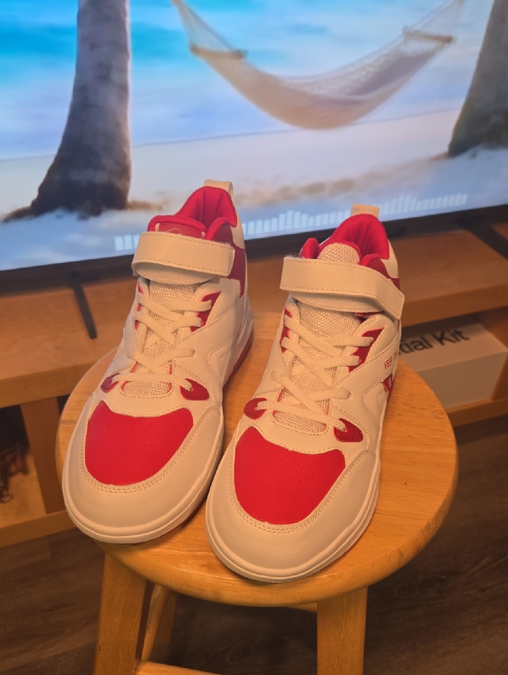 White and Red High-Top Sneakers with Hook-and-Loop Strap